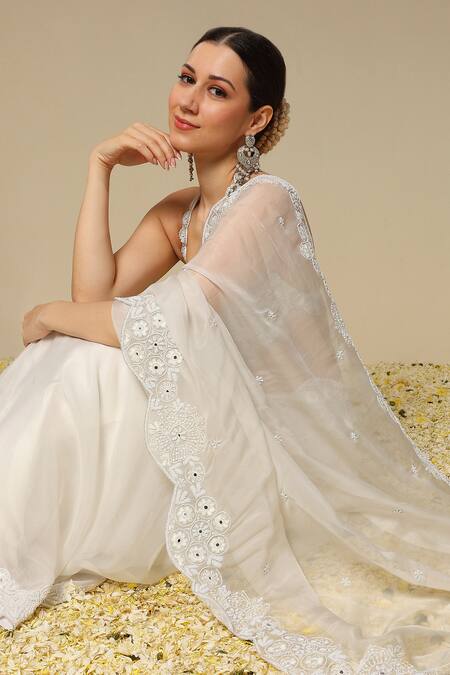 Neha Gursahani_Ivory Organza Embroidery, Mirrors, Zari Scalloped Zardozi And Work Saree Set _Online_at_Aza_Fashions