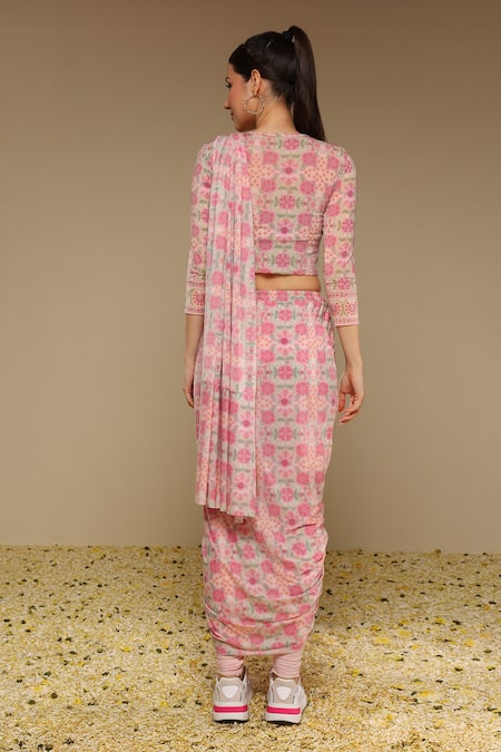 Shop Neha Gursahani Pink Lycra Stones, Embroidery Printed Pre-draped Chudidar Saree With Blouse at Aza Fashions Shop_Neha Gursahani_Pink Lycra Stones, Embroidery Printed Pre-draped Chudidar Saree With Blouse _at_Aza_Fashions