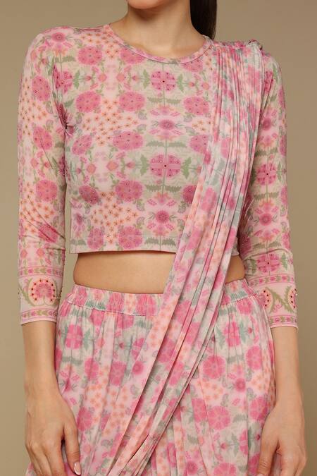 Neha Gursahani Pink Lycra Stones, Embroidery Printed Pre-draped Chudidar Saree With Blouse Online at Aza Fashions Neha Gursahani_Pink Lycra Stones, Embroidery Printed Pre-draped Chudidar Saree With Blouse _Online_at_Aza_Fashions