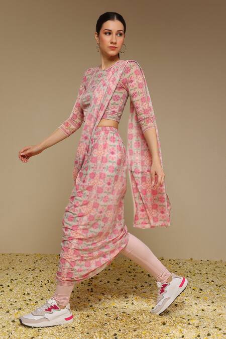 Buy Neha Gursahani Pink Lycra Stones, Embroidery Printed Pre-draped Chudidar Saree With Blouse Online at Aza Fashions Buy_Neha Gursahani_Pink Lycra Stones, Embroidery Printed Pre-draped Chudidar Saree With Blouse _Online_at_Aza_Fashions