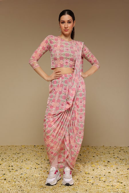 Neha Gursahani Printed Pre-Draped Chudidar Saree With Blouse 