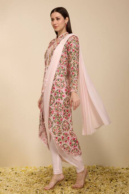 Neha Gursahani Pink Lycra Embroidery Mandarin Collar, Split Jacket And Pre-draped Chudidar Saree Online at Aza Fashions Neha Gursahani_Pink Lycra Embroidery Mandarin Collar, Split Jacket And Pre-draped Chudidar Saree _Online_at_Aza_Fashions