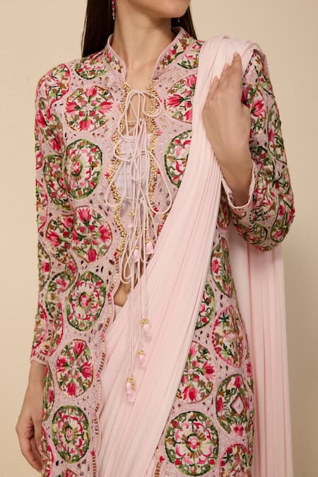 Buy Neha Gursahani Pink Lycra Embroidery Mandarin Collar, Split Jacket And Pre-draped Chudidar Saree Online at Aza Fashions Buy_Neha Gursahani_Pink Lycra Embroidery Mandarin Collar, Split Jacket And Pre-draped Chudidar Saree _Online_at_Aza_Fashions