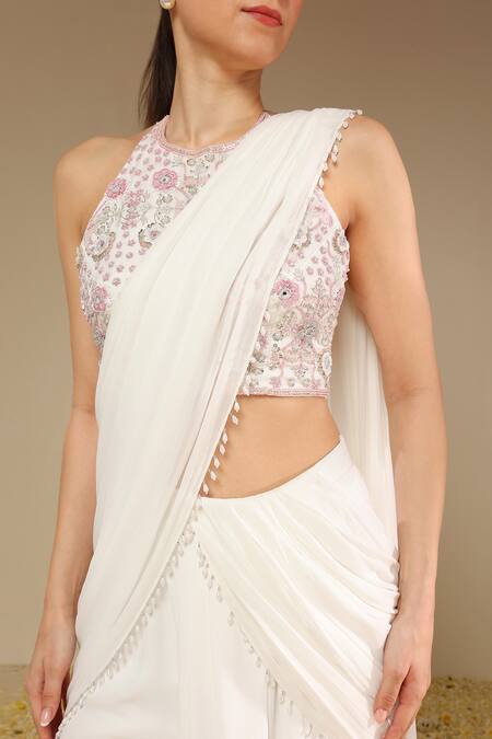Neha Gursahani_Off White Georgette, Organza Pearls, Embroidery Blouse And Pre-draped Pant Saree _Online_at_Aza_Fashions