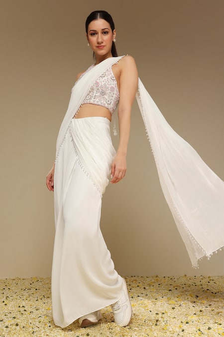 Buy_Neha Gursahani_Off White Georgette, Organza Pearls, Embroidery Blouse And Pre-draped Pant Saree _Online_at_Aza_Fashions