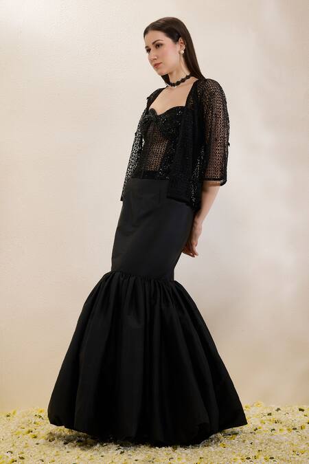 Neha Gursahani Black Organza, Taffeta Embroidery, Sequins, Corset, Jaali Jacket And Balloon Skirt Online at Aza Fashions Neha Gursahani_Black Organza, Taffeta Embroidery, Sequins, Corset, Jaali Jacket And Balloon Skirt _Online_at_Aza_Fashions
