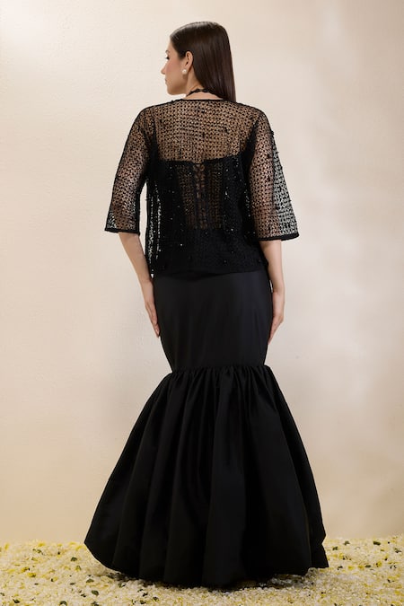 Shop Neha Gursahani Black Organza, Taffeta Embroidery, Sequins, Corset, Jaali Jacket And Balloon Skirt at Aza Fashions Shop_Neha Gursahani_Black Organza, Taffeta Embroidery, Sequins, Corset, Jaali Jacket And Balloon Skirt _at_Aza_Fashions