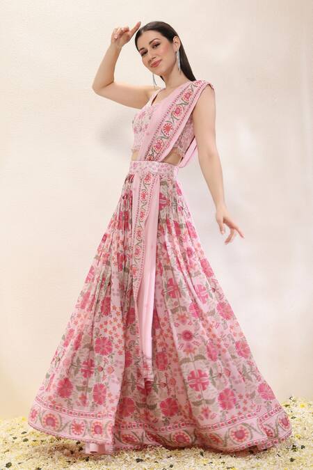 Buy_Neha Gursahani_Pink Georgette Embroidery, Sequins, Floral Printed Lehenga Set With Blouse _Online_at_Aza_Fashions