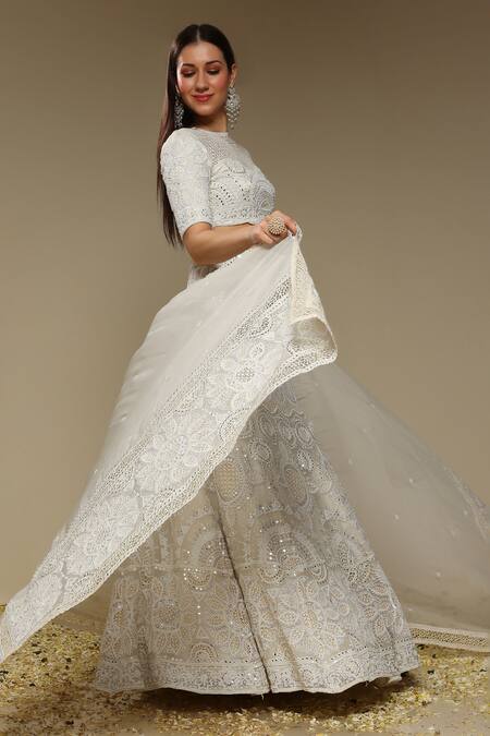 Neha Gursahani_Ivory Organza Embroidery, Sequins, Beads, Pearls Lehenga, Blouse And Dupatta Set _Online_at_Aza_Fashions