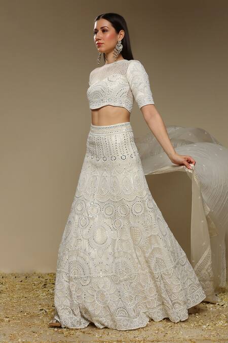 Buy_Neha Gursahani_Ivory Organza Embroidery, Sequins, Beads, Pearls Lehenga, Blouse And Dupatta Set _Online_at_Aza_Fashions