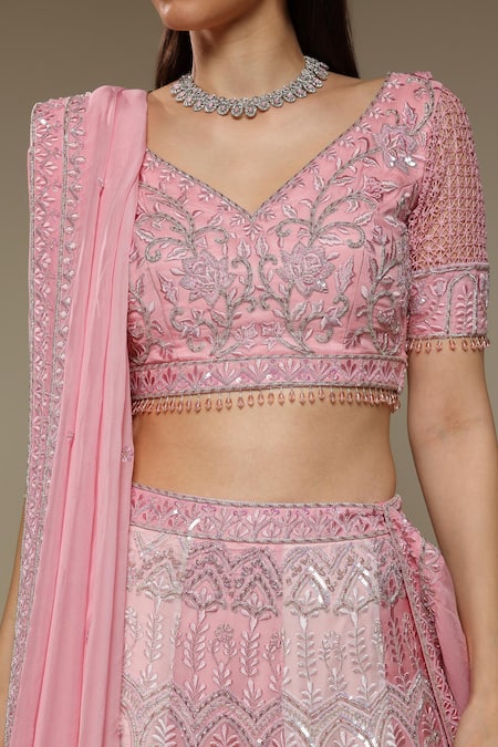 Neha Gursahani_Pink Organza Embroidery, Sequins, Zari, Two Tone Panelled Hand Lehenga Set _Online_at_Aza_Fashions