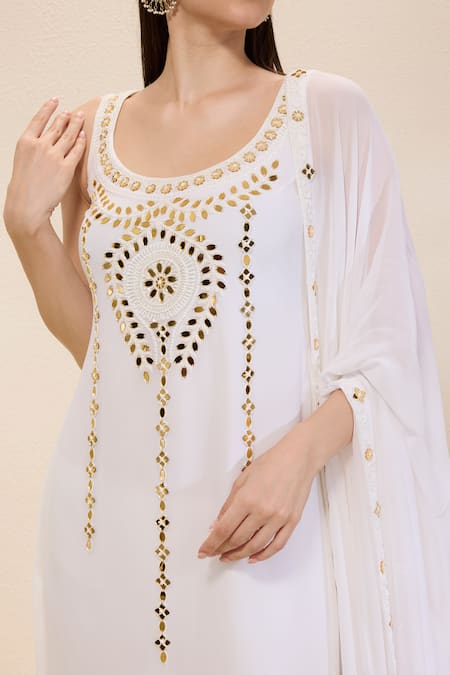 Neha Gursahani_Ivory Georgette, Lycra Embroidery, Mirrors Round Kurta, Churidar And Dupatta Set _Online_at_Aza_Fashions