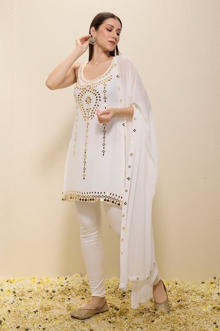 Buy_Neha Gursahani_Ivory Georgette, Lycra Embroidery, Mirrors Round Kurta, Churidar And Dupatta Set _Online_at_Aza_Fashions