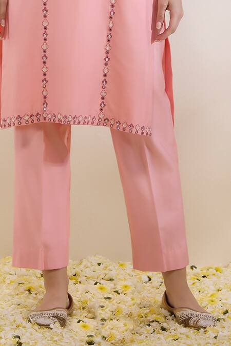 Neha Gursahani_Pink Silk, Organza Embroidery, Sequins Round Neck Kurta, Pant And Dupatta Set _Online_at_Aza_Fashions