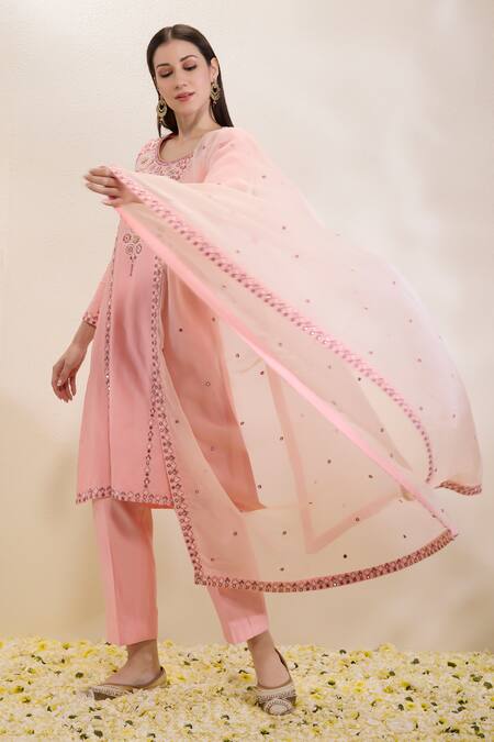 Shop_Neha Gursahani_Pink Silk, Organza Embroidery, Sequins Round Neck Kurta, Pant And Dupatta Set _Online_at_Aza_Fashions