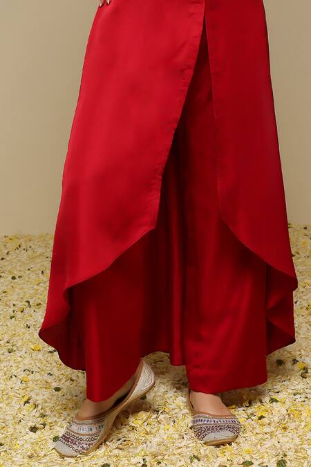 Neha Gursahani_Maroon Beads, Pearls V-neck Flared Kurta With And Work & Pant _Online_at_Aza_Fashions