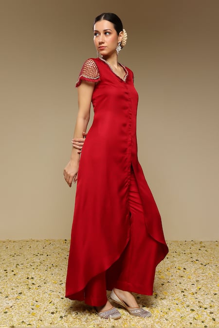 Buy_Neha Gursahani_Maroon Beads, Pearls V-neck Flared Kurta With And Work & Pant _Online_at_Aza_Fashions