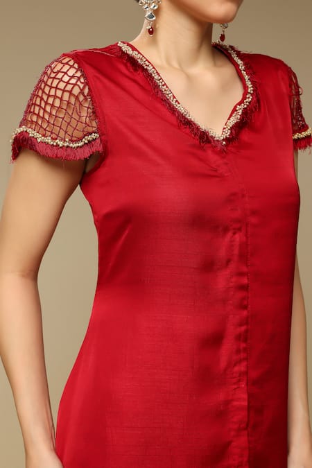 Shop_Neha Gursahani_Maroon Beads, Pearls V-neck Flared Kurta With And Work & Pant _Online_at_Aza_Fashions