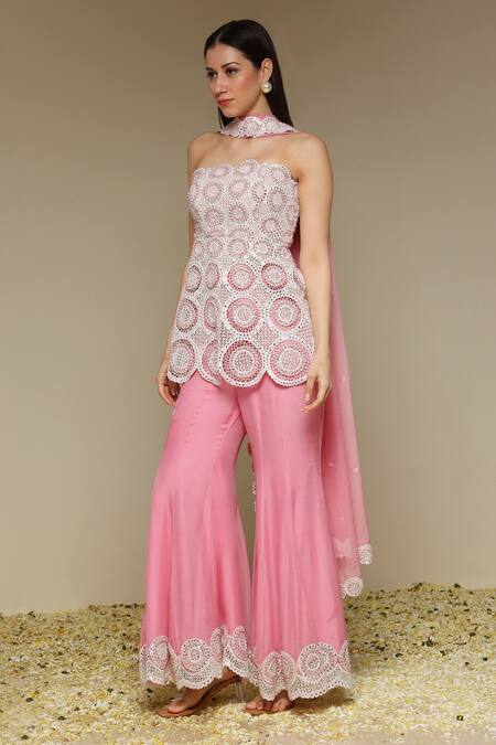 Shop_Neha Gursahani_Pink Organza Embroidery Bandeau Neck Strapless Kurta And Gharara Set _Online_at_Aza_Fashions