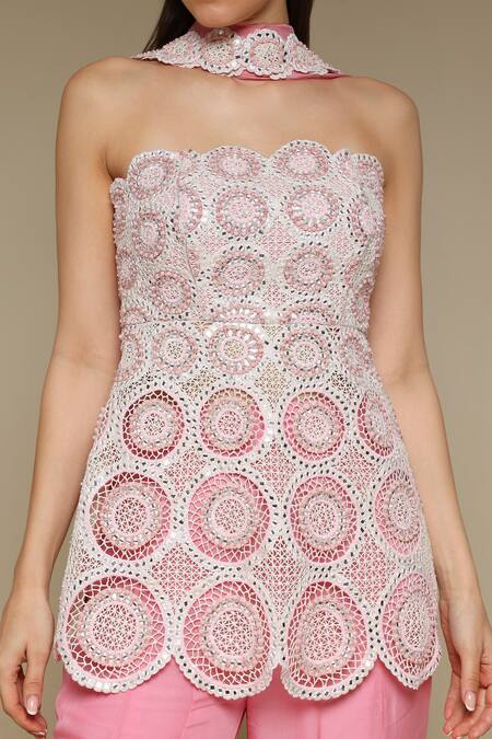 Neha Gursahani_Pink Organza Embroidery Bandeau Neck Strapless Kurta And Gharara Set _at_Aza_Fashions