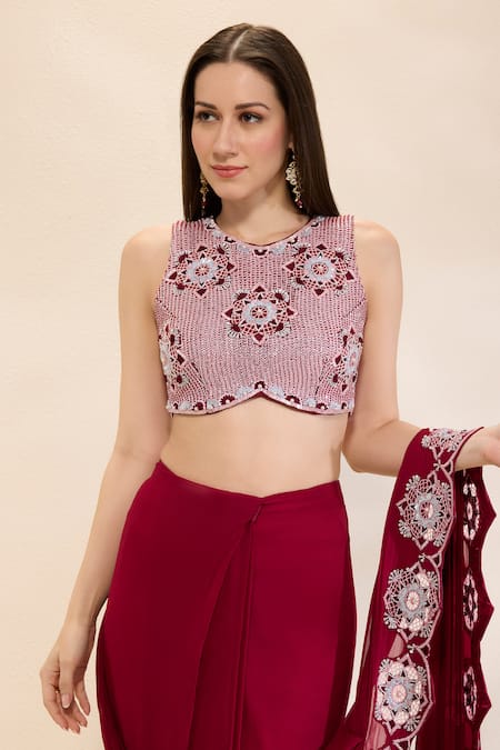 Neha Gursahani_Wine Georgette Embroidery Round Neck Pre-draped Saree With Blouse _Online_at_Aza_Fashions