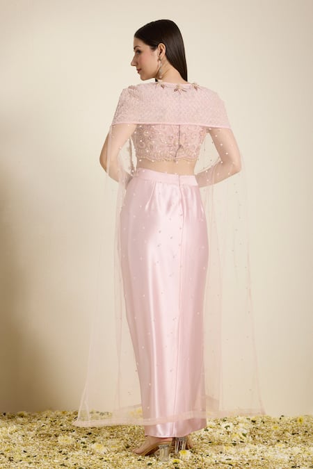 Neha Gursahani Embroidered Blouse & Draped Skirt With Cape 