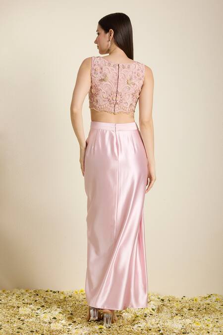 Neha Gursahani Pink Satin, Organza Embroidery, Beads, Zari Blouse And Draped Skirt With Cape Online at Aza Fashions Neha Gursahani_Pink Satin, Organza Embroidery, Beads, Zari Blouse And Draped Skirt With Cape _Online_at_Aza_Fashions