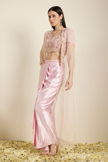 Buy Neha Gursahani Pink Satin, Organza Embroidery, Beads, Zari Blouse And Draped Skirt With Cape Online at Aza Fashions Buy_Neha Gursahani_Pink Satin, Organza Embroidery, Beads, Zari Blouse And Draped Skirt With Cape _Online_at_Aza_Fashions
