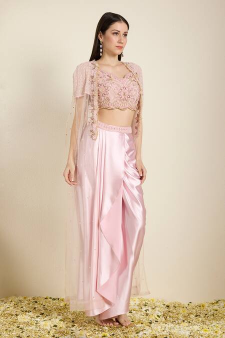 Shop Neha Gursahani Pink Satin, Organza Embroidery, Beads, Zari Blouse And Draped Skirt With Cape Online at Aza Fashions Shop_Neha Gursahani_Pink Satin, Organza Embroidery, Beads, Zari Blouse And Draped Skirt With Cape _Online_at_Aza_Fashions