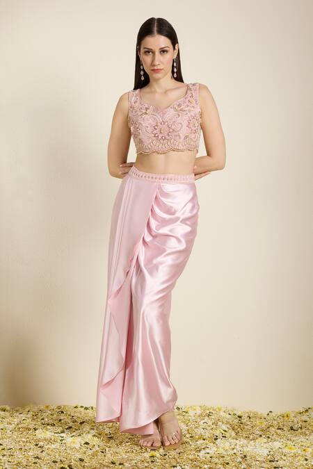 Neha Gursahani Pink Satin, Organza Embroidery, Beads, Zari Blouse And Draped Skirt With Cape at Aza Fashions Neha Gursahani_Pink Satin, Organza Embroidery, Beads, Zari Blouse And Draped Skirt With Cape _at_Aza_Fashions