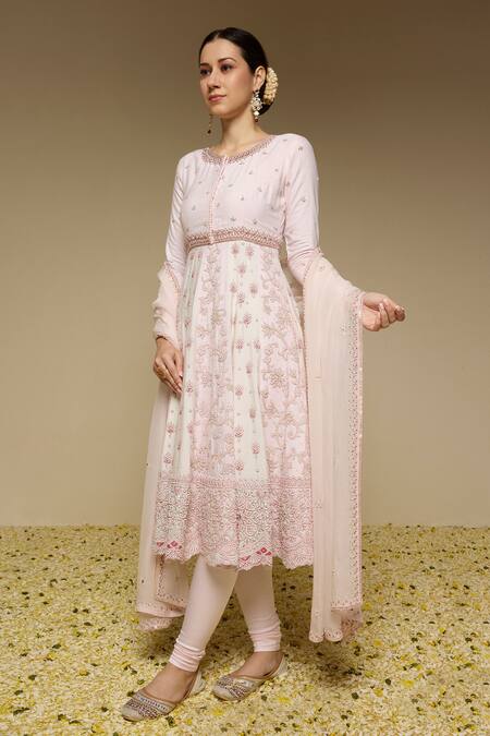 Buy_Neha Gursahani_Ivory Silk, Organza, Panelled Kalidar Kurta Set With Jaali Jacket And Dupatta _Online_at_Aza_Fashions