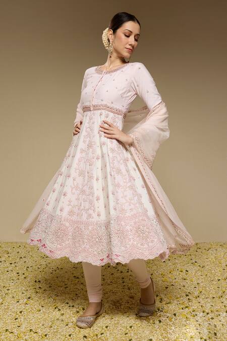 Shop_Neha Gursahani_Ivory Silk, Organza, Panelled Kalidar Kurta Set With Jaali Jacket And Dupatta _Online_at_Aza_Fashions