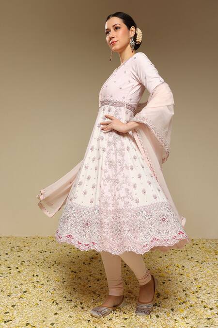 Buy_Neha Gursahani_Ivory Silk, Organza, Panelled Kalidar Kurta Set With Jaali Jacket And Dupatta 