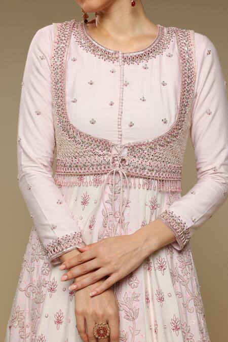 Shop_Neha Gursahani_Ivory Silk, Organza, Panelled Kalidar Kurta Set With Jaali Jacket And Dupatta 