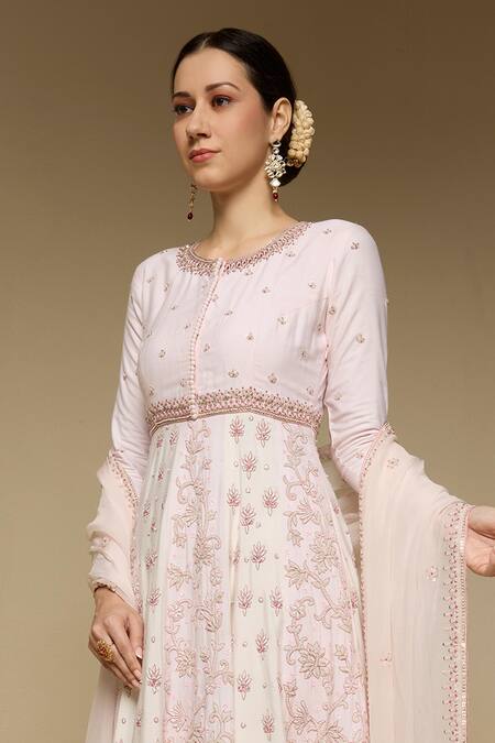 Neha Gursahani_Ivory Silk, Organza, Cotton Embroidery Round Panelled Hand Kalidar Kurta Set _Online_at_Aza_Fashions