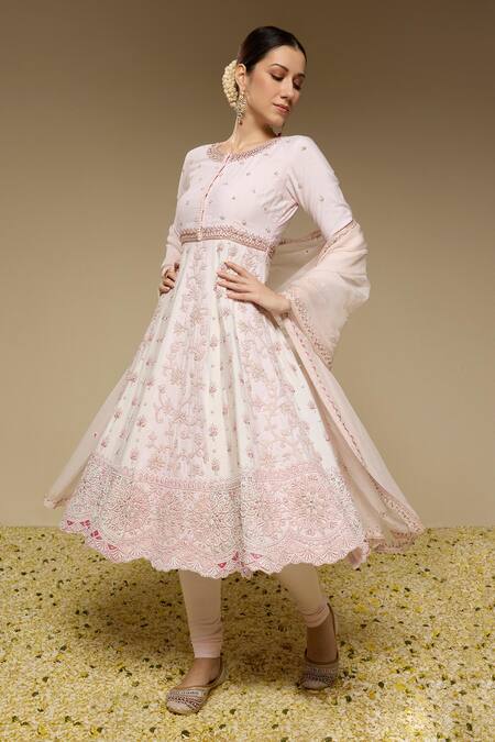 Shop_Neha Gursahani_Ivory Silk, Organza, Cotton Embroidery Round Panelled Hand Kalidar Kurta Set _Online_at_Aza_Fashions