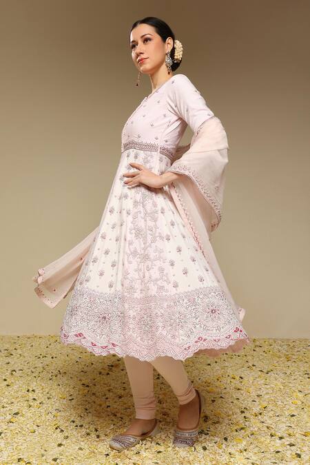 Neha Gursahani_Ivory Silk, Organza, Cotton Embroidery Round Panelled Hand Kalidar Kurta Set _at_Aza_Fashions