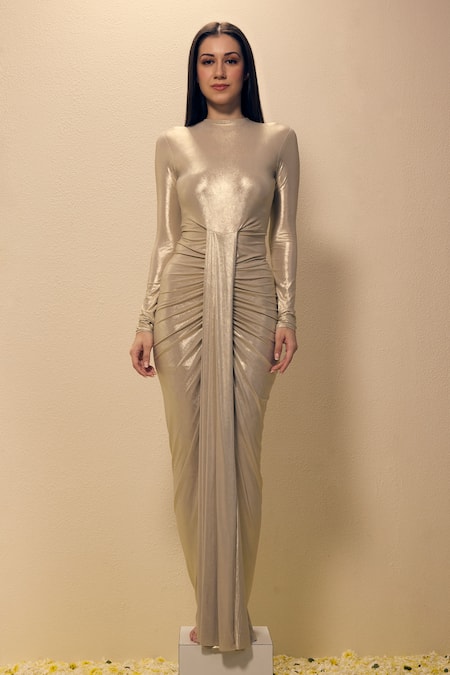 Neha Gursahani_Gold Lycra High Neck Draped Gown With Resin Bustier _Online_at_Aza_Fashions