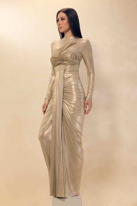 Shop_Neha Gursahani_Gold Lycra High Neck Draped Gown With Resin Bustier _Online_at_Aza_Fashions