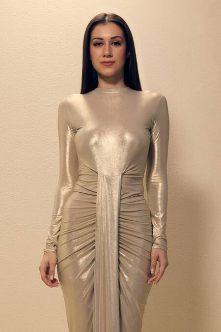 Neha Gursahani_Gold Lycra High Neck Draped Gown _Online_at_Aza_Fashions