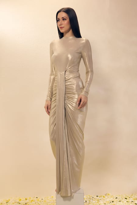 Buy_Neha Gursahani_Gold Lycra High Neck Draped Gown _Online_at_Aza_Fashions