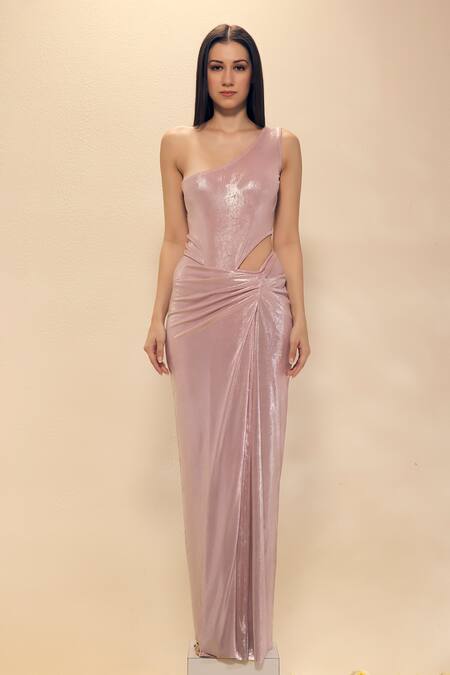 Neha Gursahani_Pink Lycra One Shoulder Draped Gown With Resin Bodice Plate _Online_at_Aza_Fashions