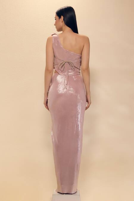 Buy_Neha Gursahani_Pink Lycra One Shoulder Draped Gown With Resin Bodice Plate _Online_at_Aza_Fashions