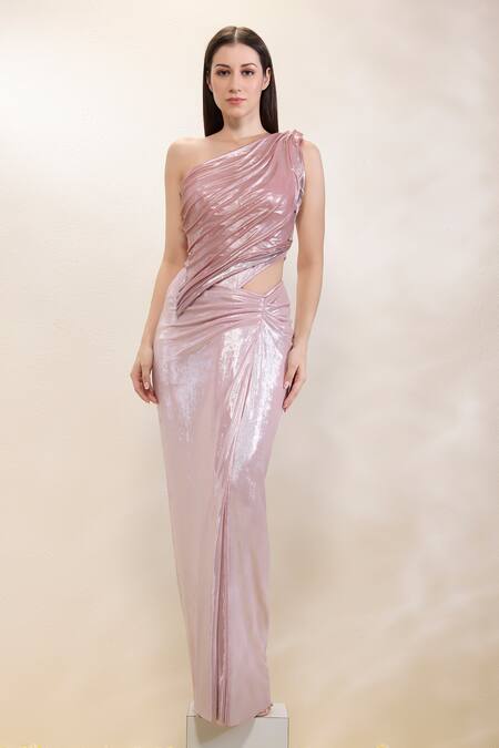 Shop_Neha Gursahani_Pink Lycra One Shoulder Draped Gown With Resin Bodice Plate _Online_at_Aza_Fashions