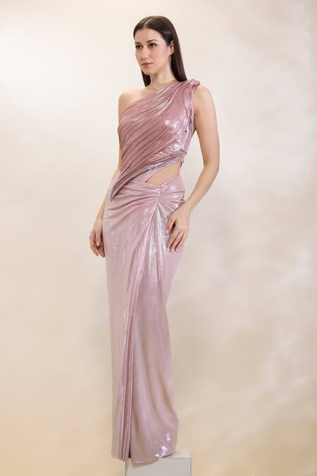 Neha Gursahani_Pink Lycra One Shoulder Draped Gown With Resin Bodice Plate _at_Aza_Fashions