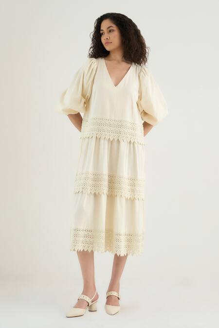 RAAS LIFE_Off White Vegan Silk Lace V-neck Georgia Layered Dress _Online_at_Aza_Fashions