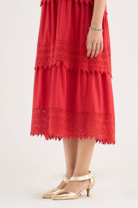 RAAS LIFE_Red Vegan Silk Lace V-neck Georgia Layered Dress _Online_at_Aza_Fashions
