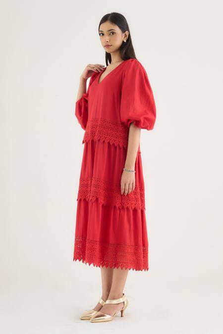 Buy_RAAS LIFE_Red Vegan Silk Lace V-neck Georgia Layered Dress _Online_at_Aza_Fashions