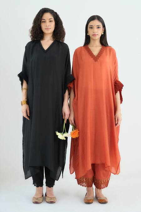 RAAS LIFE Rust Cotton, , Vegan Lace V-neck Angela V Kaftan With Pant at Aza Fashions RAAS LIFE_Rust Cotton, , Vegan Lace V-neck Angela V Kaftan With Pant _at_Aza_Fashions