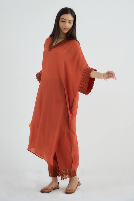 RAAS LIFE Rust Cotton, Silk Embroidery V-neck Angelav Kaftan Online at Aza Fashions RAAS LIFE_Rust Cotton, Silk Embroidery V-neck Angelav Kaftan _Online_at_Aza_Fashions
